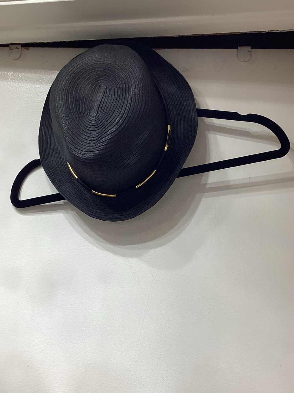 Vince Camuto Black Straw Fedora with Gold Bar Accents